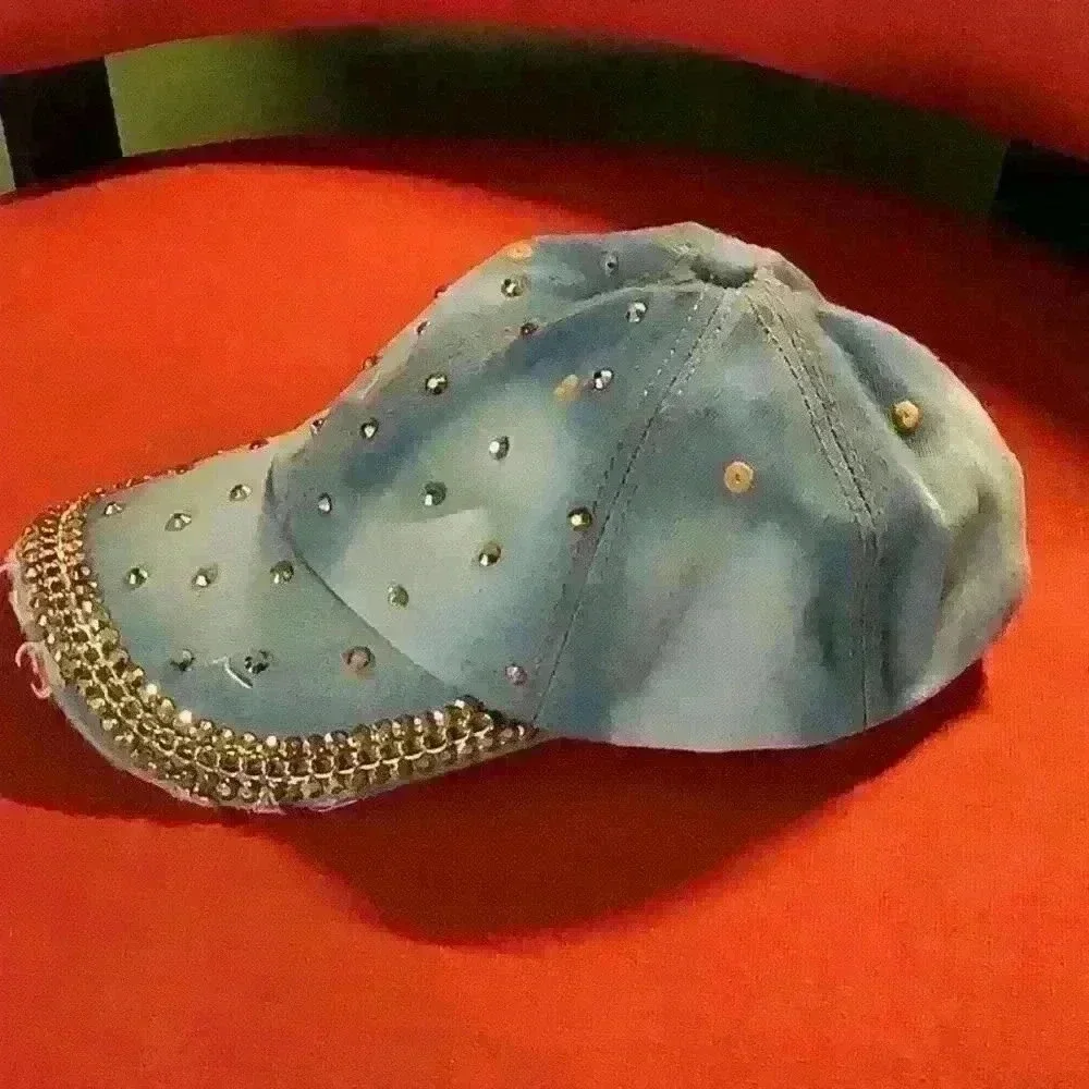 Bling Denim Cap with chain and studs - Picture 2 of 5